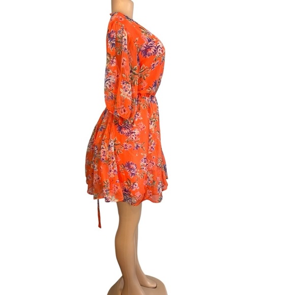 Code x Mode Orange and Blue Floral Print Short Sleeve Belted Mini Dress - Picture 3 of 9